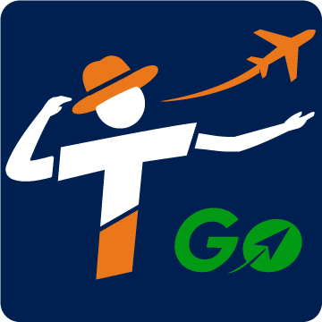 Travel Vibe Go T mark — traveller with a hat waving off a departing flight
